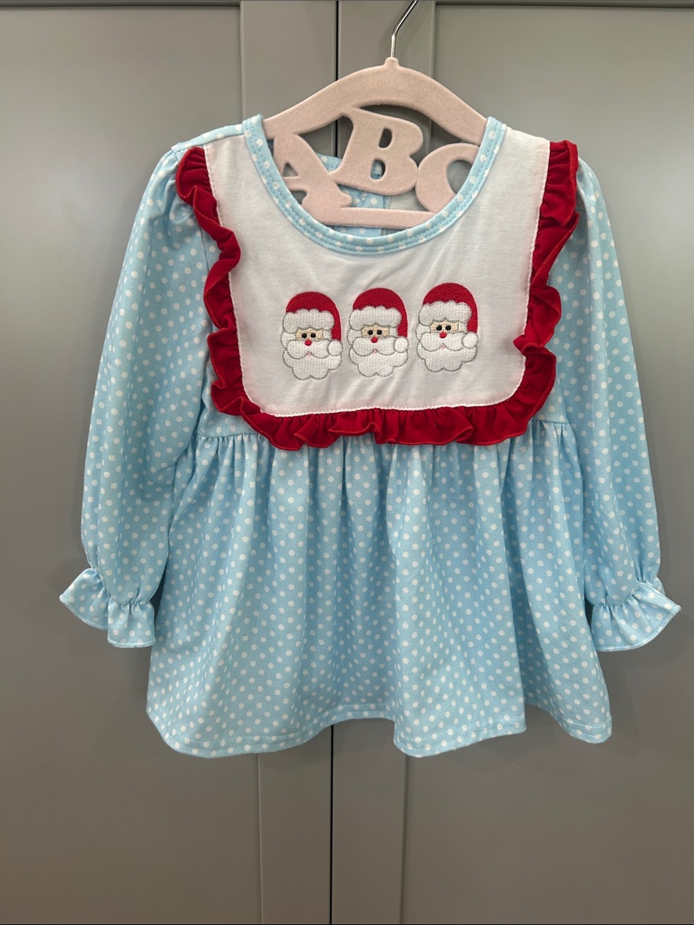 Girls 18M Light Blue Polka Dot Christmas Top Tunic Embroidered Santa Ruffle